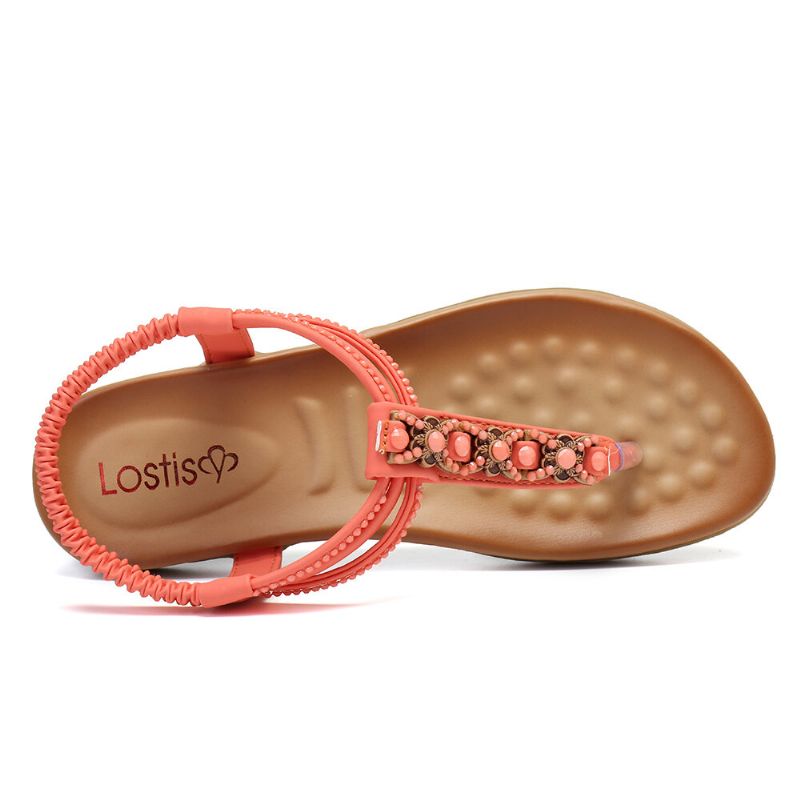 Kobiety T-strap Frezowanie Gumka Slip On Casual Plażowe Letnie Płaskie Sandały