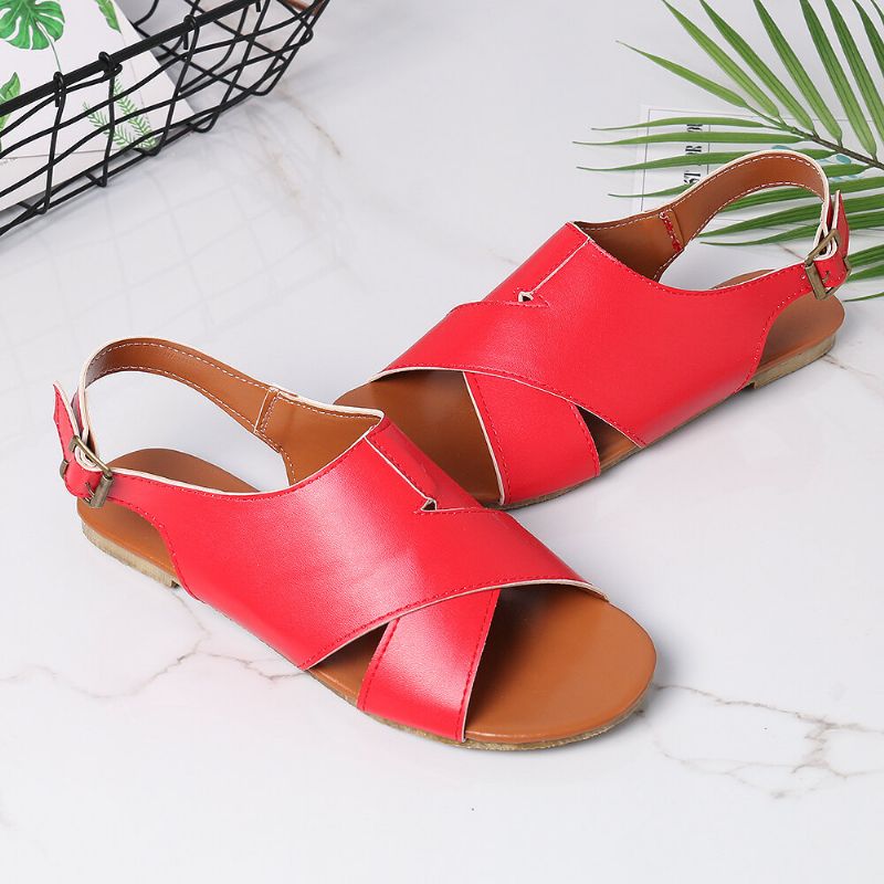 Wome Beach Peep Toe Cross Buckle Płaskie Sandały