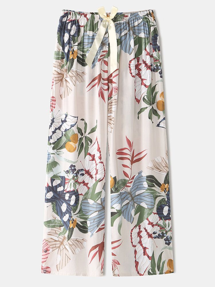 Kobiety Butterfly Floral Print V-neck Bow Wygodne Długie Zestawy Piżam Loungewear