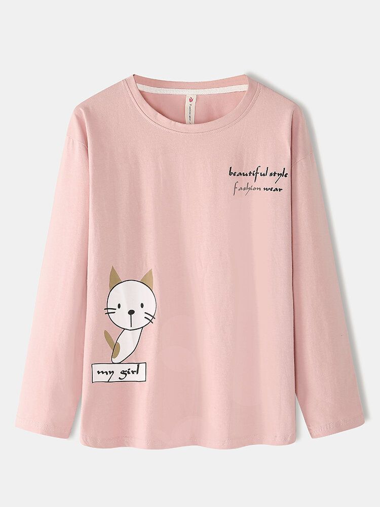 Kobiety Cartoon Cat Print Sweter Z Długim Rękawem Elastyczny Pas Spodnie Z Kieszeniami Różowy Domowy Zestaw Piżamy