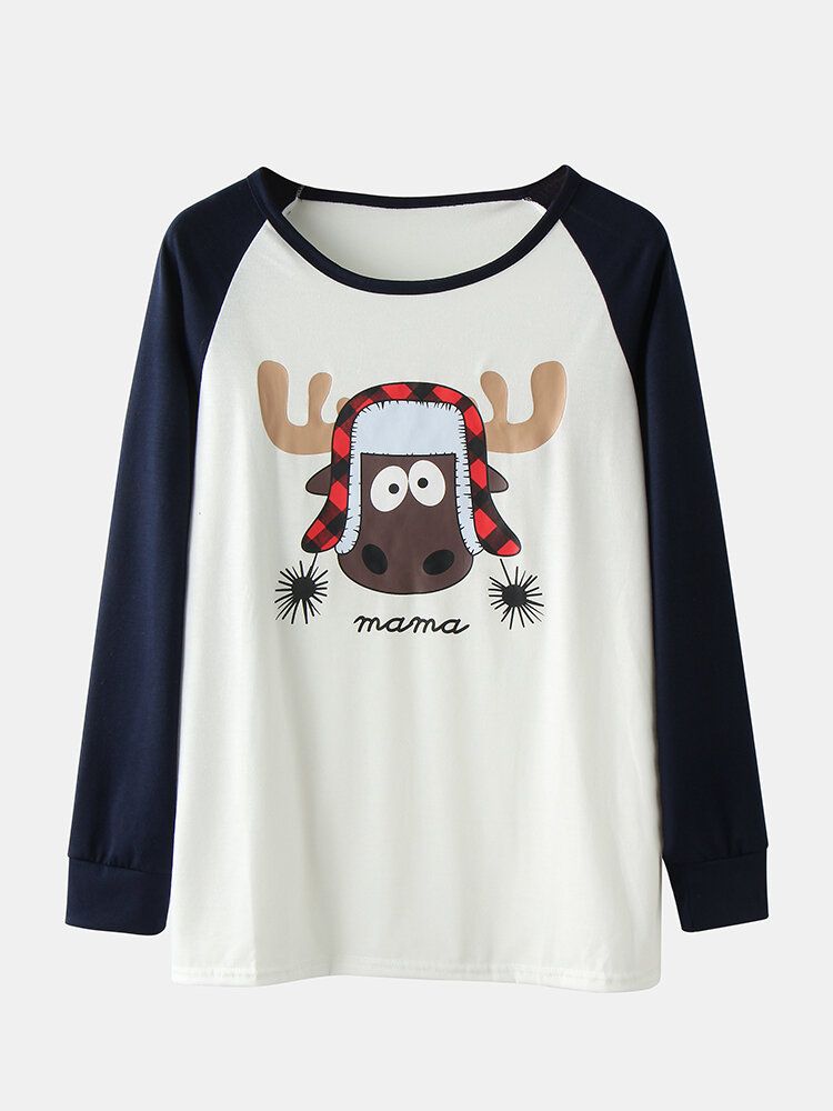 Kobiety Cartoon Elk Print Raglanowe Rękawy Top Print Elastyczne Spodnie W Pasie Home Christmas Piżama Set