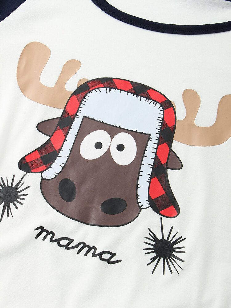 Kobiety Cartoon Elk Print Raglanowe Rękawy Top Print Elastyczne Spodnie W Pasie Home Christmas Piżama Set