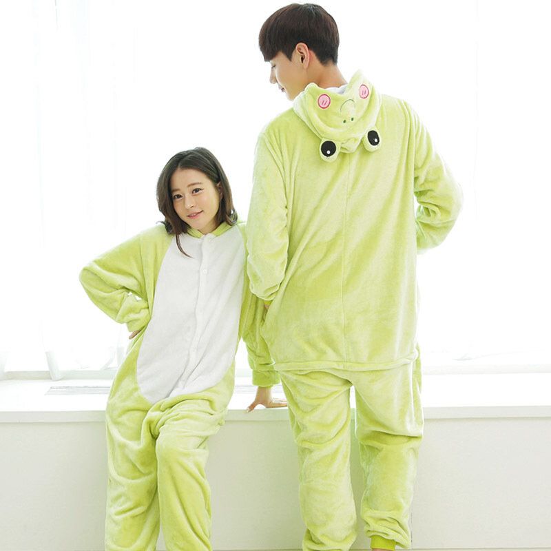 Kobiety Cartoon Frog Coral Fleece Wygodny Zamek Zwierząt Onesie Kombinezony Z Kapturem