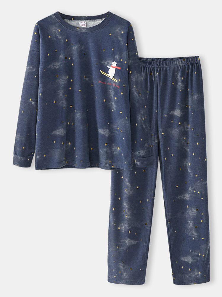 Kobiety Cartoon Niedźwiedź Polarny Starry Sky Print Sweter W Pasie Spodnie Z Kieszeniami Domowa Piżama Zestaw