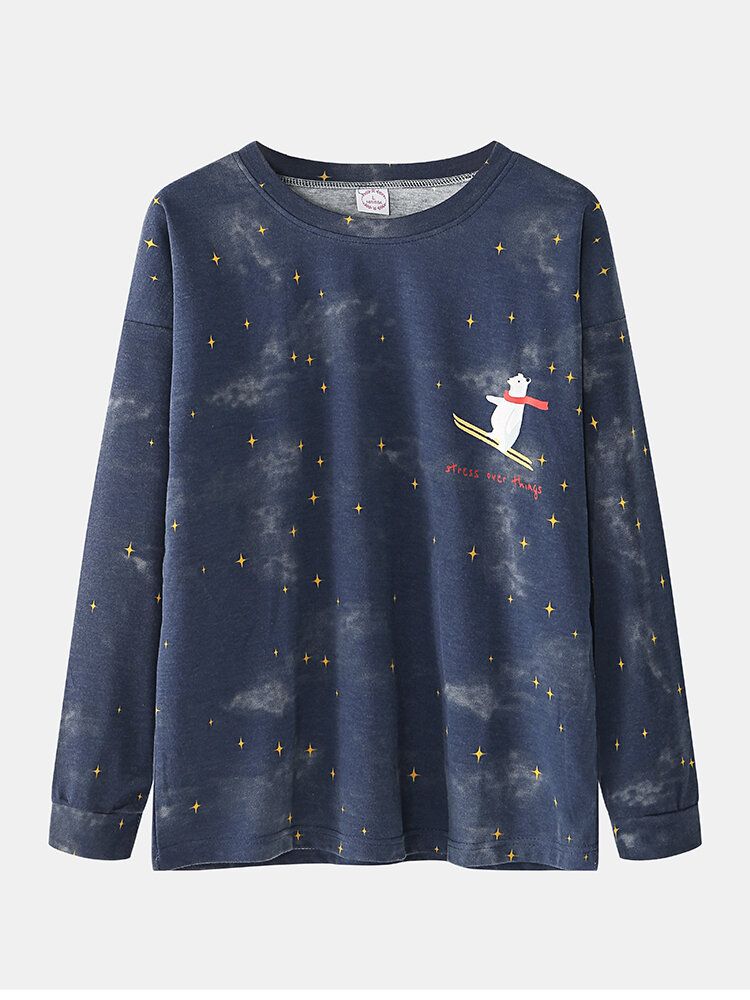 Kobiety Cartoon Niedźwiedź Polarny Starry Sky Print Sweter W Pasie Spodnie Z Kieszeniami Domowa Piżama Zestaw