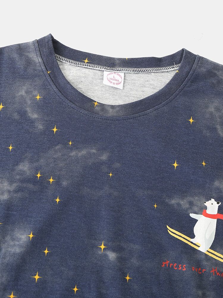 Kobiety Cartoon Niedźwiedź Polarny Starry Sky Print Sweter W Pasie Spodnie Z Kieszeniami Domowa Piżama Zestaw