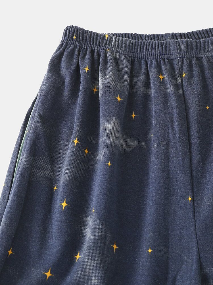 Kobiety Cartoon Niedźwiedź Polarny Starry Sky Print Sweter W Pasie Spodnie Z Kieszeniami Domowa Piżama Zestaw