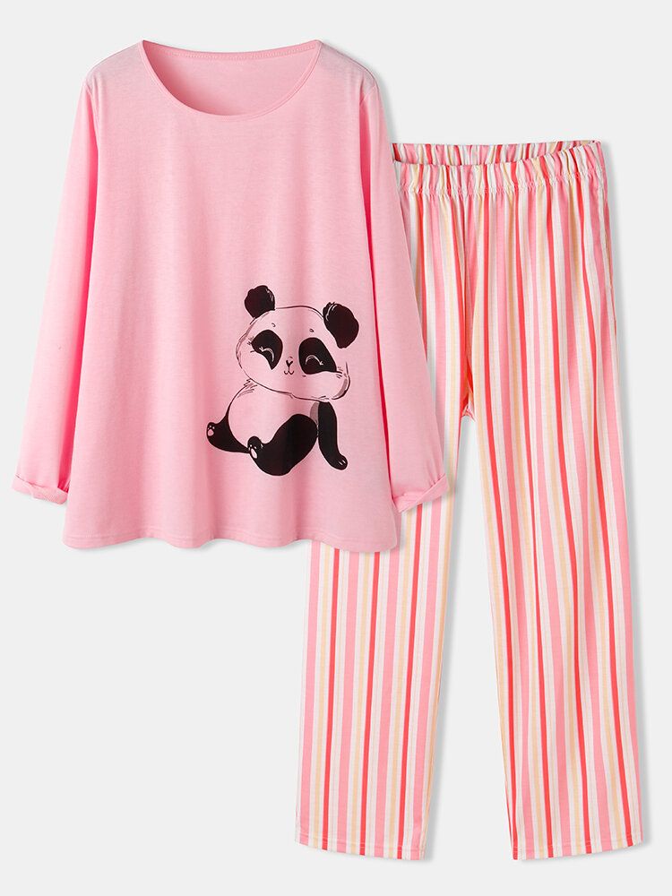 Kobiety Cute Panda Print O-neck Spodnie W Paski Dwuczęściowe Zestawy Piżam W Dużych Rozmiarach Lounge Home