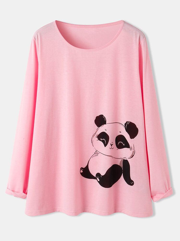 Kobiety Cute Panda Print O-neck Spodnie W Paski Dwuczęściowe Zestawy Piżam W Dużych Rozmiarach Lounge Home