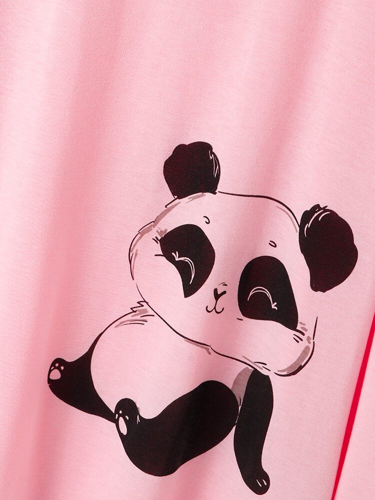 Kobiety Cute Panda Print O-neck Spodnie W Paski Dwuczęściowe Zestawy Piżam W Dużych Rozmiarach Lounge Home