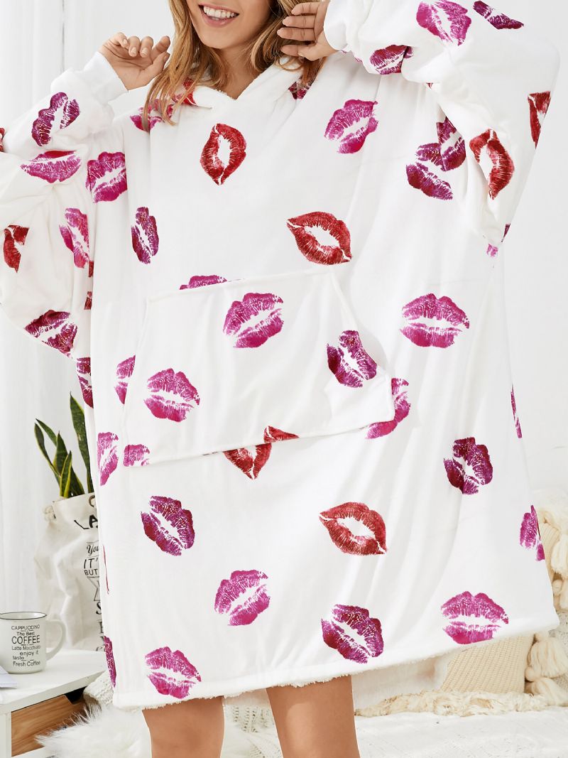 Kobiety Lip Print Oversize Ciepły Koc Z Kapturem Z Podszewką Z Polaru Bielizna Nocna Szaty Z Kieszenią