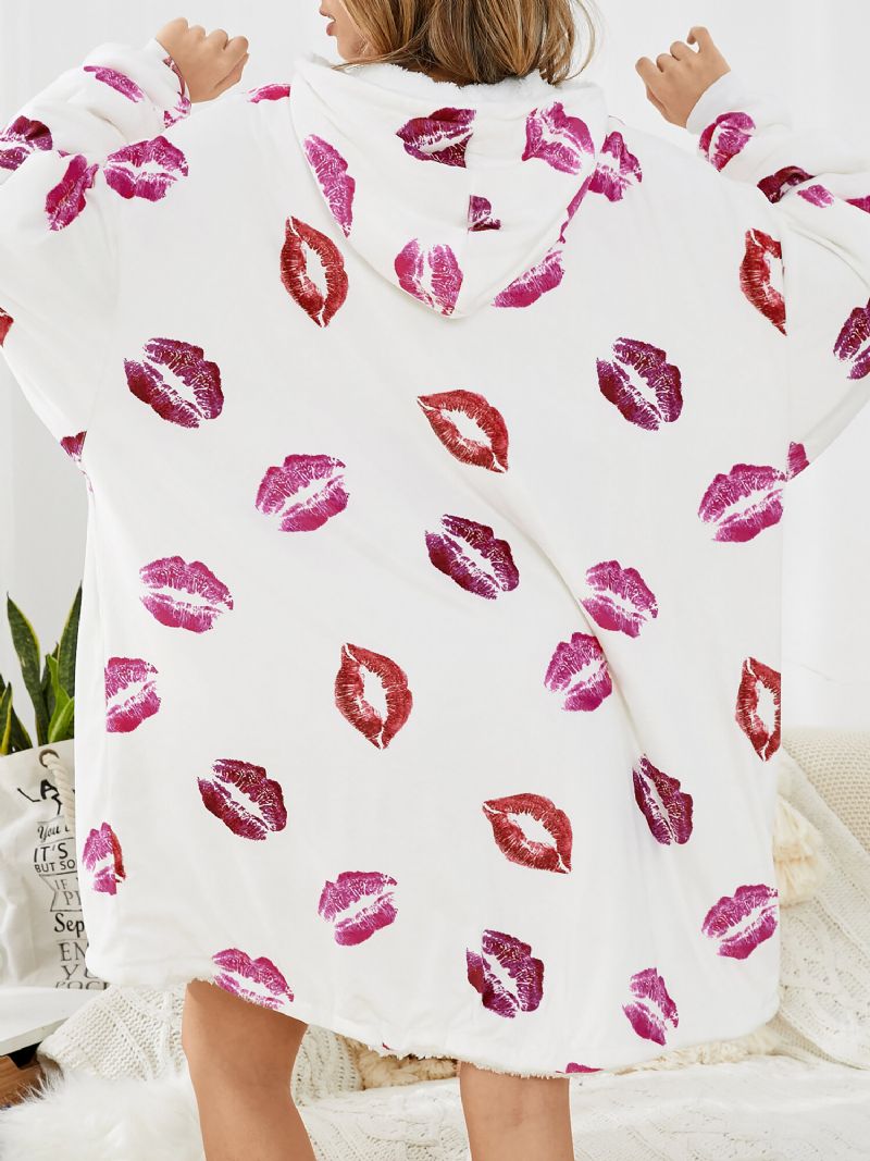 Kobiety Lip Print Oversize Ciepły Koc Z Kapturem Z Podszewką Z Polaru Bielizna Nocna Szaty Z Kieszenią