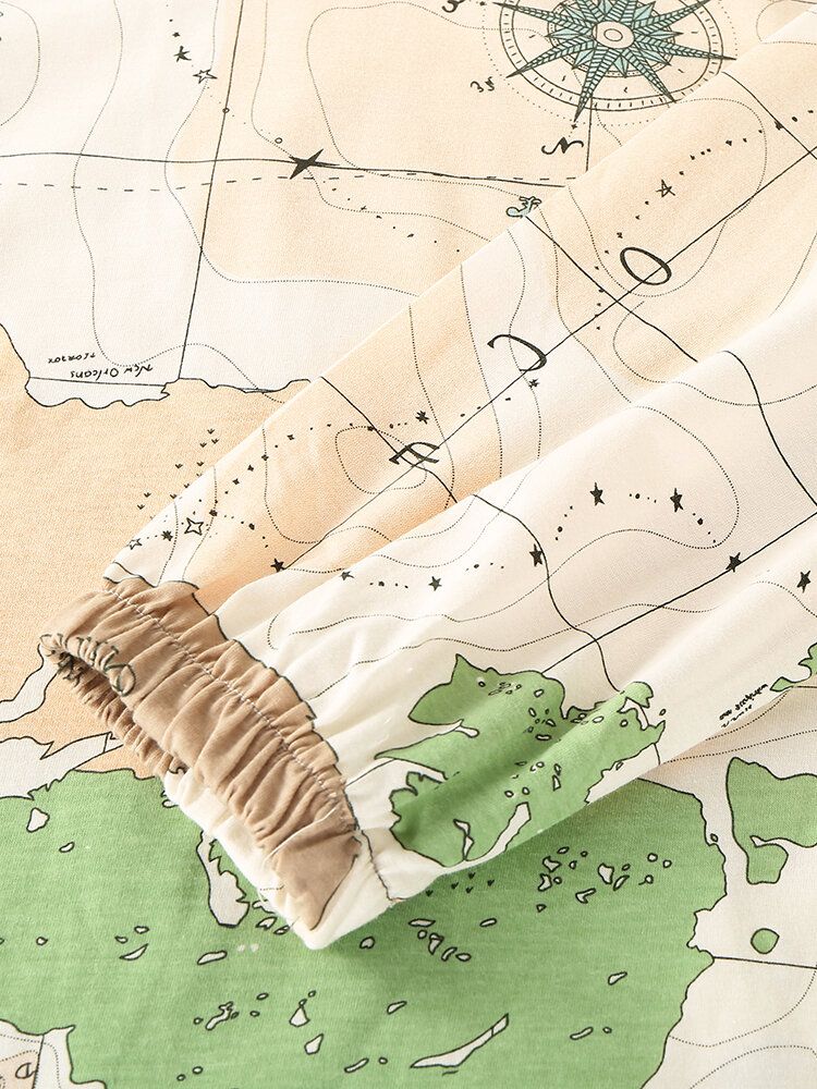 Kobiety Mapa Świata Drukuj Wokół Szyi Elastyczny Pas Spodnie Jogger Domowe Piżamy Zestaw