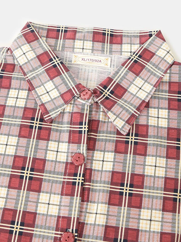 Kobiety Plaid Print Lapel High-low Hem Shirt Spodnie Z Elastycznym Pasem Home Piżama Set