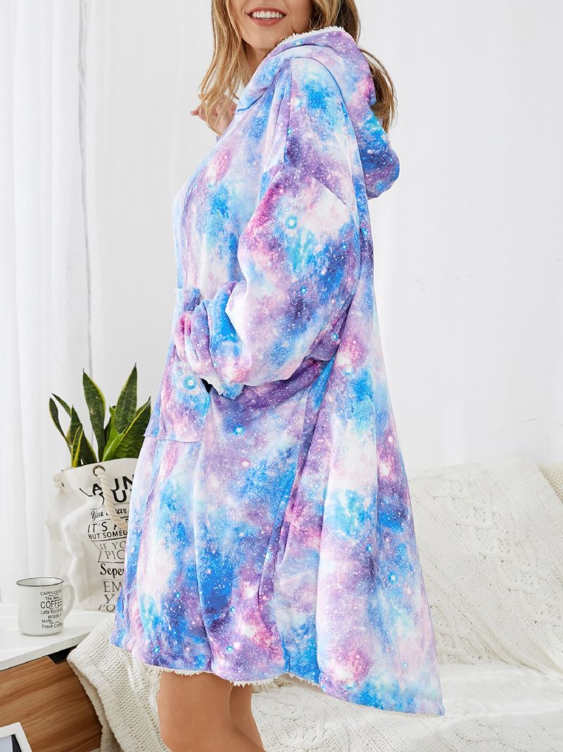 Kobiety Projekt Starry Sky Tie Dye Drukuj Ponadgabarytowy Dwustronny Homewear Podszyty Polarem Odwracalny Koc Z Kapturem Z Kieszeni Kieszeni