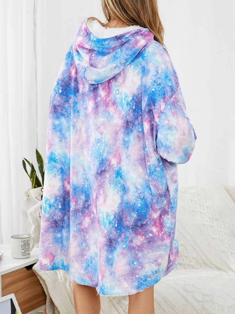 Kobiety Projekt Starry Sky Tie Dye Drukuj Ponadgabarytowy Dwustronny Homewear Podszyty Polarem Odwracalny Koc Z Kapturem Z Kieszeni Kieszeni