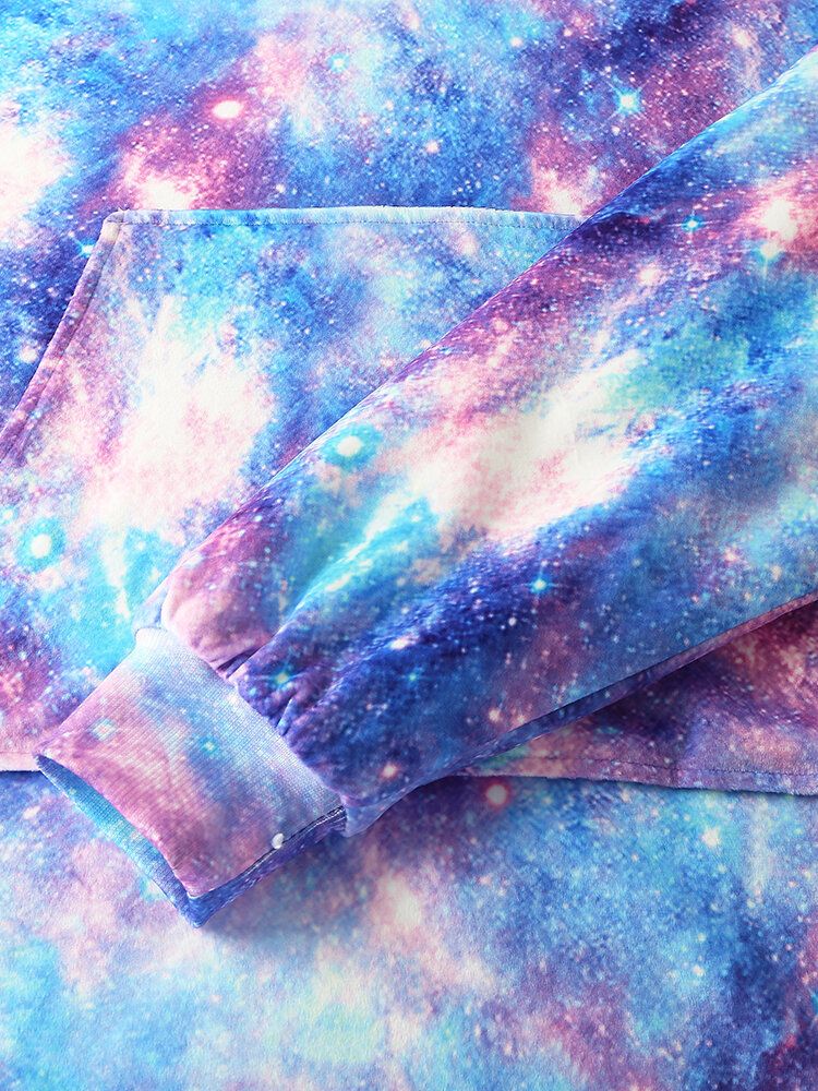 Kobiety Projekt Starry Sky Tie Dye Drukuj Ponadgabarytowy Dwustronny Homewear Podszyty Polarem Odwracalny Koc Z Kapturem Z Kieszeni Kieszeni