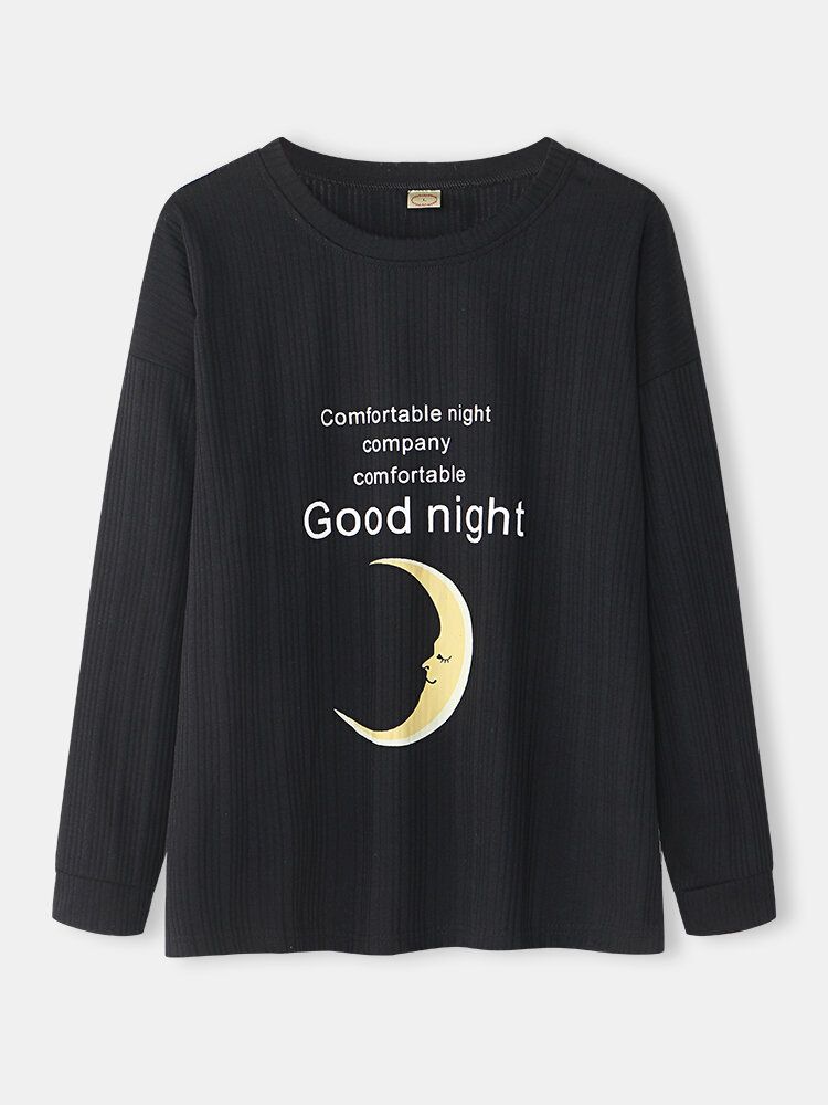 Kobiety Rib Moon Letter Print O-neck Bawełniane Spodnie Z Mankietami Zestawy Piżam