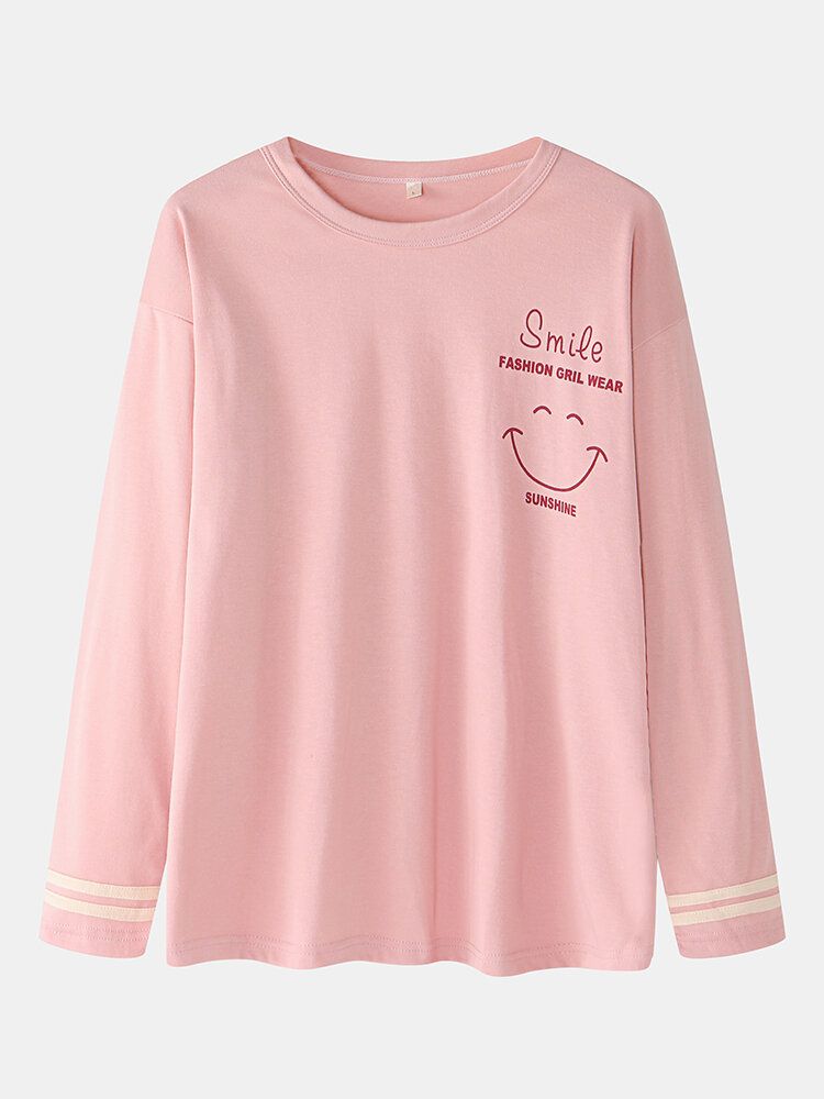 Kobiety Smile Face Print Drop Shoulder Striped Mankiet Bawełniany Sweter Zestawy Piżam