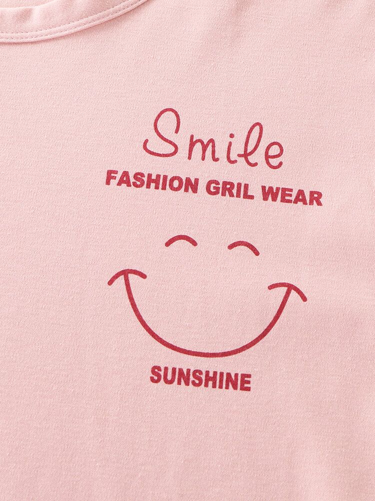 Kobiety Smile Face Print Drop Shoulder Striped Mankiet Bawełniany Sweter Zestawy Piżam