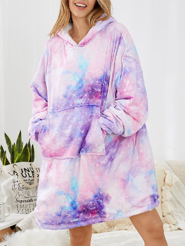 Kobiety Starry Sky Print Oversized Gruby Dwustronny Koc Z Kapturem Wygodna Odzież Domowa Z Kieszenią