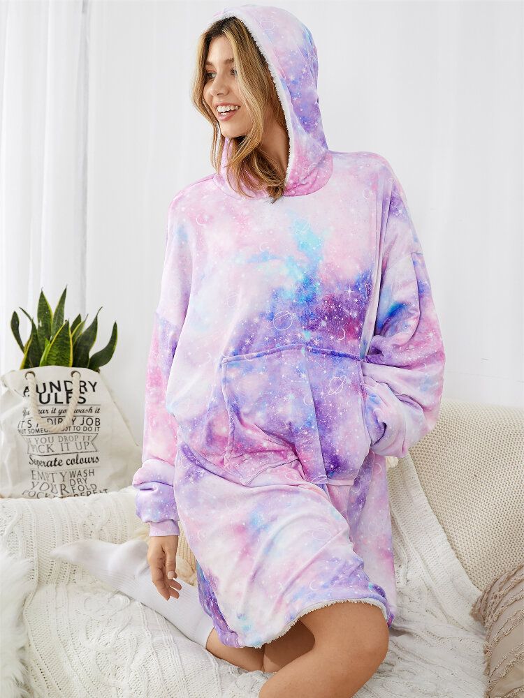 Kobiety Starry Sky Print Oversized Gruby Dwustronny Koc Z Kapturem Wygodna Odzież Domowa Z Kieszenią