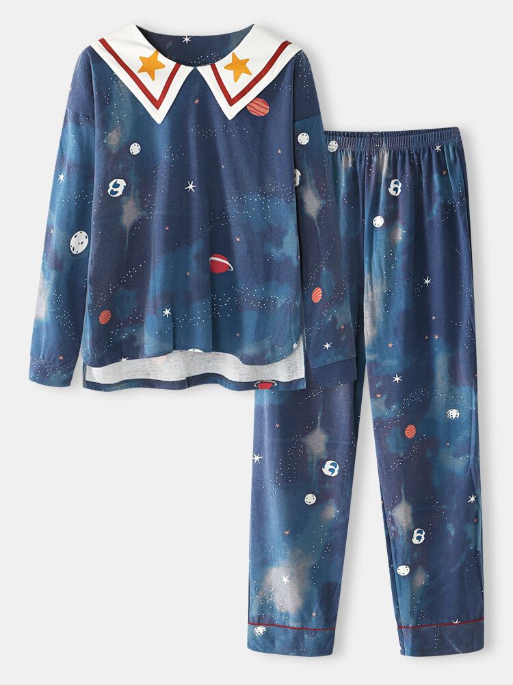 Kobiety Starry Sky Print Śliczny Sweter Luźny Elastyczny Pas Cartoon Home Piżama Set