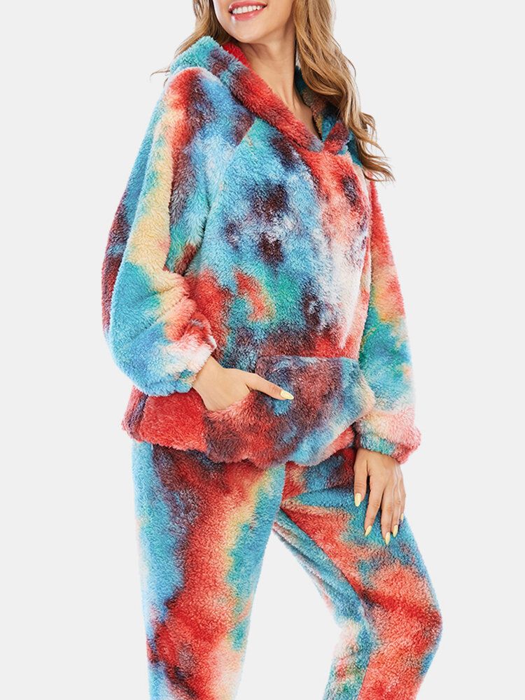 Kobiety Tie Dye Fleece Kangur Kieszeń Z Kapturem Spodnie Home Sleepweat Casual Piżamy Set