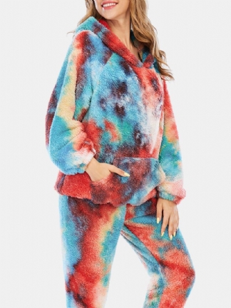 Kobiety Tie Dye Fleece Kangur Kieszeń Z Kapturem Spodnie Home Sleepweat Casual Piżamy Set