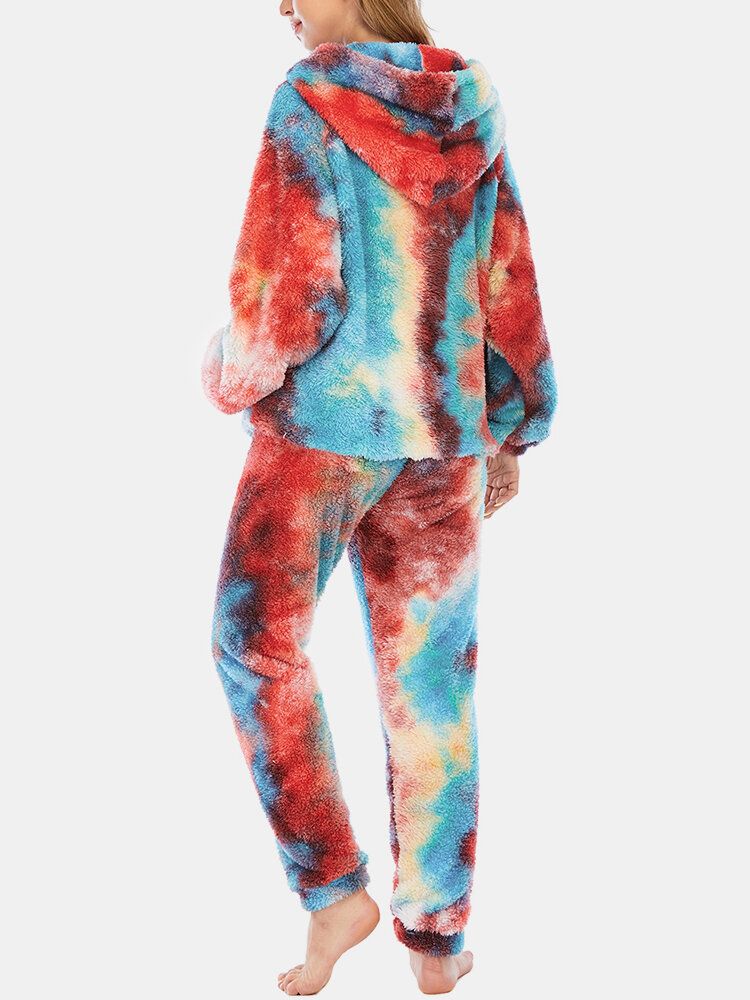 Kobiety Tie Dye Fleece Kangur Kieszeń Z Kapturem Spodnie Home Sleepweat Casual Piżamy Set