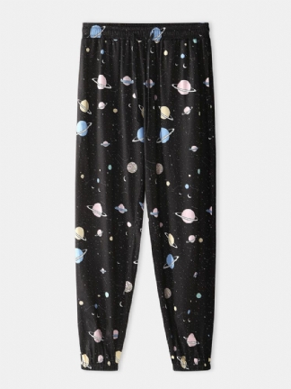 Męska Kreskówka Galaxy Planet Print Kieszeń Sznurkiem Elastyczny Pas Home Jogger Pants