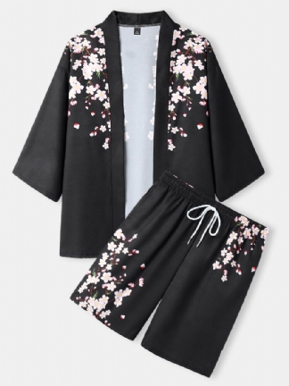 Męski Kwiatowy Print Z Otwartym Przodem Kimono Luźne Dwuczęściowe Stroje