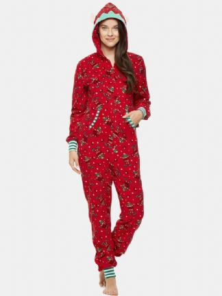 Plus Size Damskie Christmas List Print Zip Przednie Ucho Projekt Bluza Z Kapturem I Kieszonką Na Noc