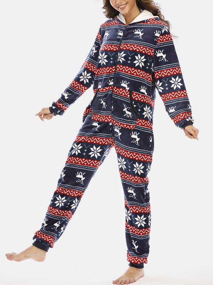 Plus Size Kobiety Christmas Snowflake Elk Wzór Zip Przednie Ucho Projekt Flanelowe Onesies Z Kapturem Z Kieszeni