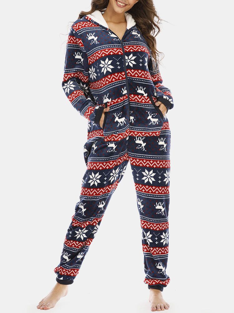 Plus Size Kobiety Christmas Snowflake Elk Wzór Zip Przednie Ucho Projekt Flanelowe Onesies Z Kapturem Z Kieszeni