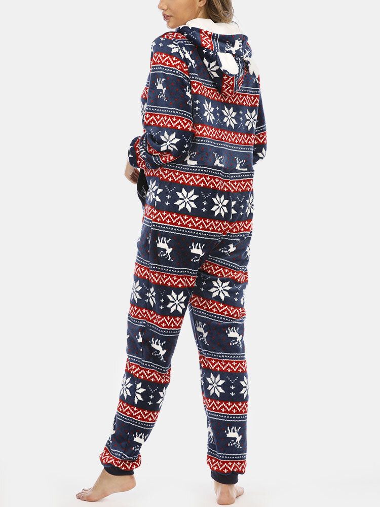 Plus Size Kobiety Christmas Snowflake Elk Wzór Zip Przednie Ucho Projekt Flanelowe Onesies Z Kapturem Z Kieszeni