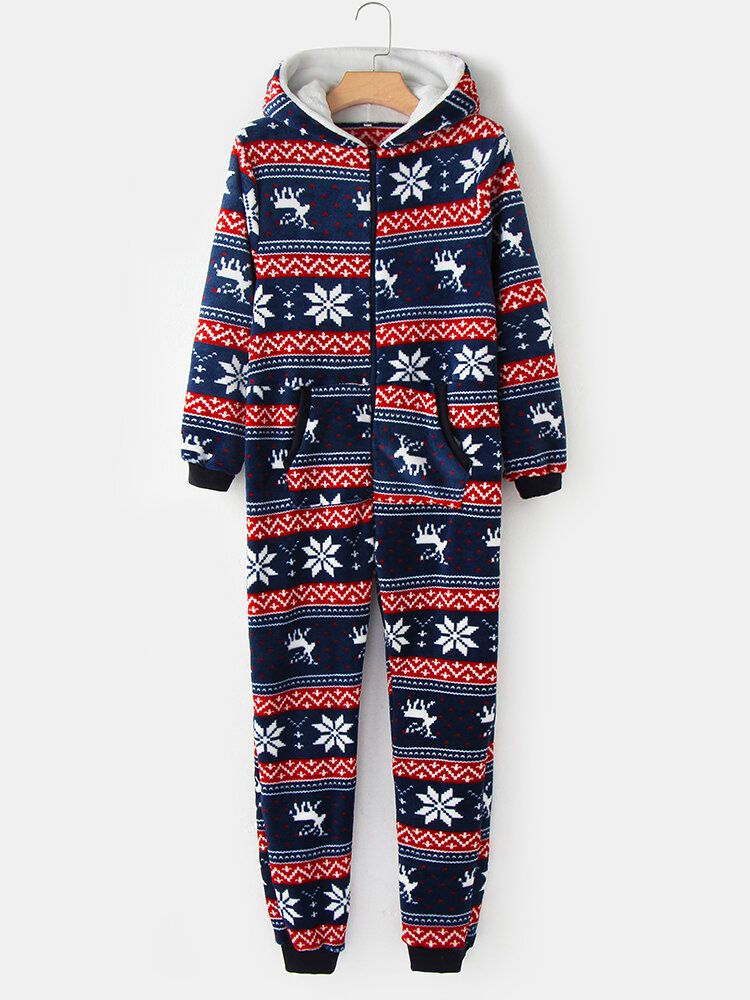 Plus Size Kobiety Christmas Snowflake Elk Wzór Zip Przednie Ucho Projekt Flanelowe Onesies Z Kapturem Z Kieszeni