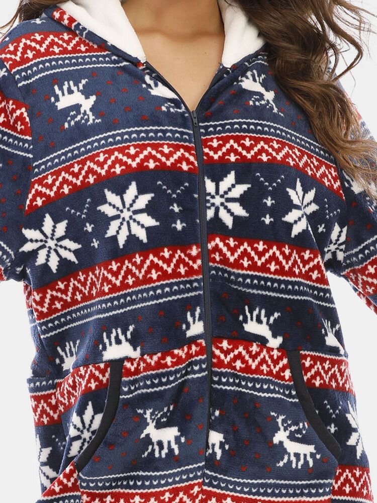 Plus Size Kobiety Christmas Snowflake Elk Wzór Zip Przednie Ucho Projekt Flanelowe Onesies Z Kapturem Z Kieszeni