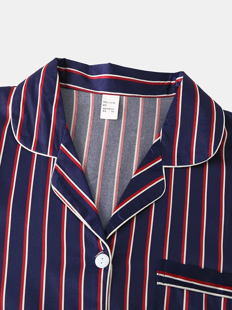 Stripe Camp Collar Kieszeń Z Długim Rękawem Elastyczny Pas Faux Silk Domowe Zestawy Piżam Dla Kobiet