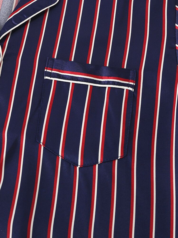 Stripe Camp Collar Kieszeń Z Długim Rękawem Elastyczny Pas Faux Silk Domowe Zestawy Piżam Dla Kobiet