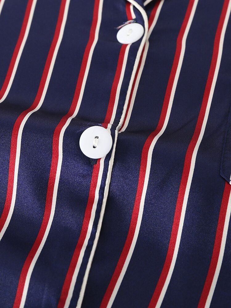 Stripe Camp Collar Kieszeń Z Długim Rękawem Elastyczny Pas Faux Silk Domowe Zestawy Piżam Dla Kobiet