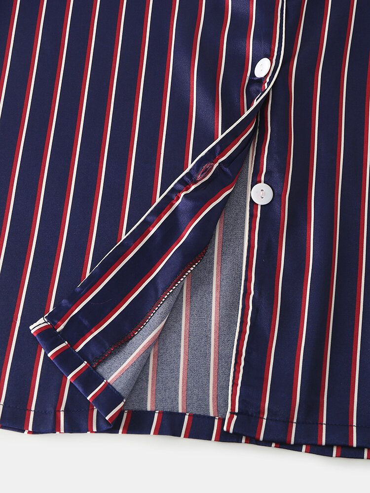 Stripe Camp Collar Kieszeń Z Długim Rękawem Elastyczny Pas Faux Silk Domowe Zestawy Piżam Dla Kobiet