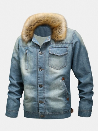 Moda Męska 100% Bawełniane Kieszenie Denim Fleece Zagęszczony Stójka Kurtka Na Co Dzień