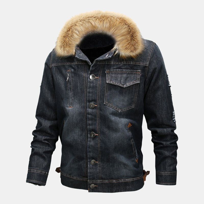 Moda Męska 100% Bawełniane Kieszenie Denim Fleece Zagęszczony Stójka Kurtka Na Co Dzień