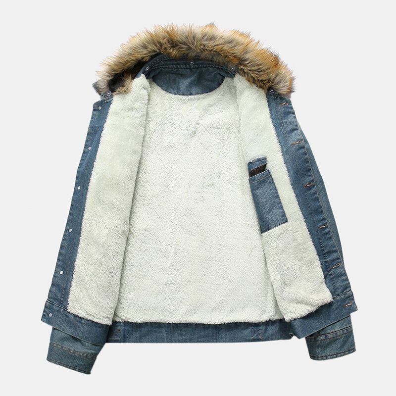 Moda Męska 100% Bawełniane Kieszenie Denim Fleece Zagęszczony Stójka Kurtka Na Co Dzień