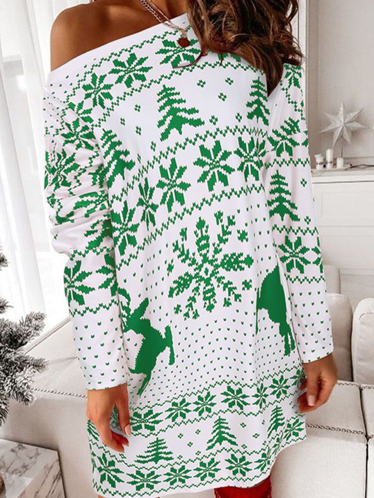 Damskie Świąteczne Dzianiny Snowflake Deer Print Crew Neck Casual Swetry