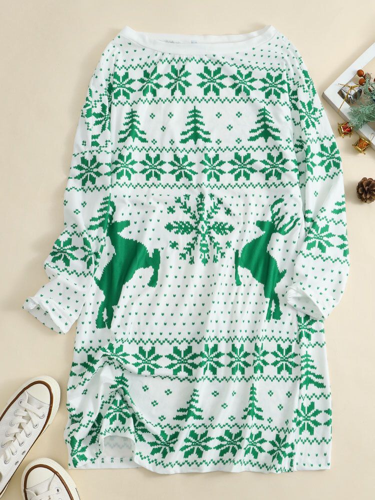 Damskie Świąteczne Dzianiny Snowflake Deer Print Crew Neck Casual Swetry