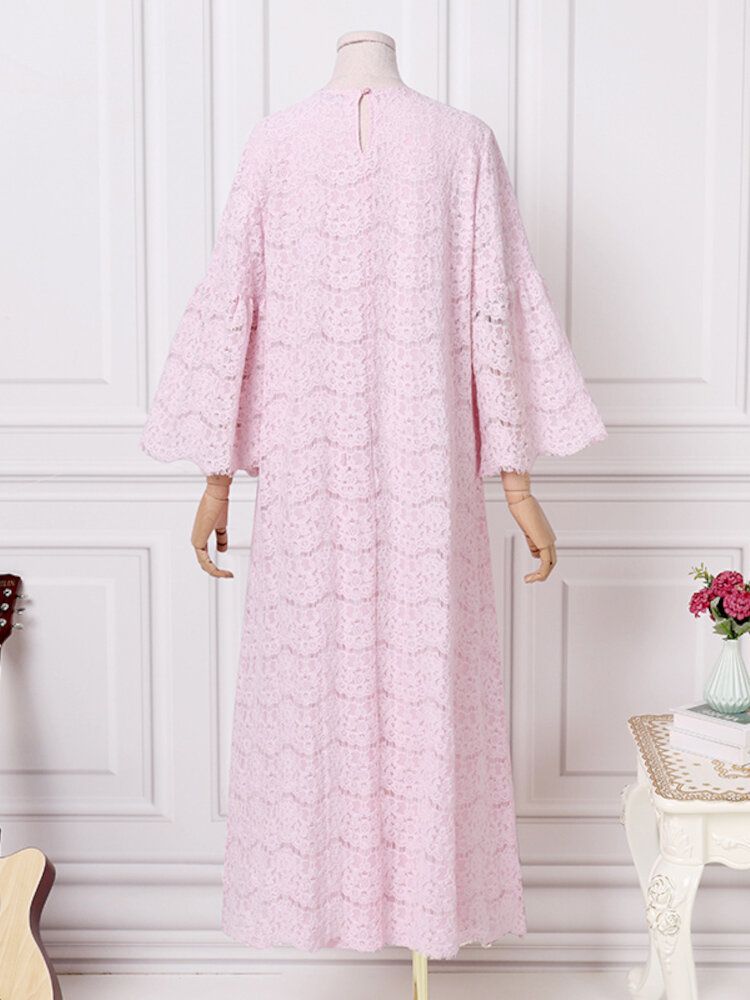 Kobiety Abaya Kaftan Koronki Patchwork Falre Sleeve Długość Kostek Casual Midi Sukienki