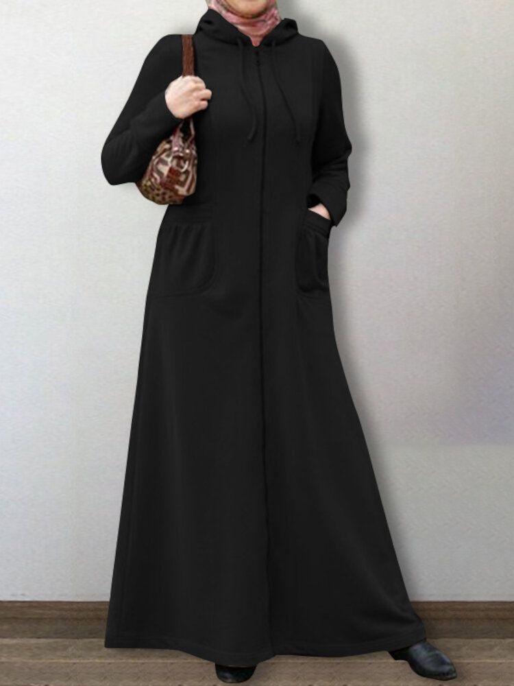 Kobiety Abaya Kaftan Z Kapturem W Jednolitym Kolorze Do Kostek Casual Midi Sukienki