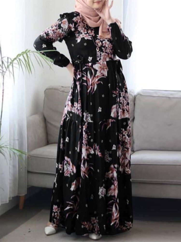 Kobiety Floral Printed Ruffles Dekoracyjne Elastyczne Mankiety Kaftan Tunika Midi Dress